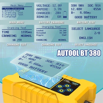 AUTOOL BT380 Akumulator Tester Avto Napolnjena Baterija 12V Avtomobilski ob zagonu Tester Analyzer Vozila Moči Banke CCA JIS DIN IEC