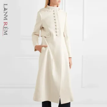 LANMREM bela nove hooded ovratnik enotni-zapenjanje debele urad dama slog, pozimi in jeseni volnene plašč za ženske modni 2A1533