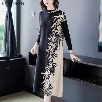 2020 Jeseni, Pozimi Ženske Tiskanja Kašmir O Neck Knitted Mozaik Obleko Plus Velikost Ženske Svoboden Tricot Puloverji Talarji