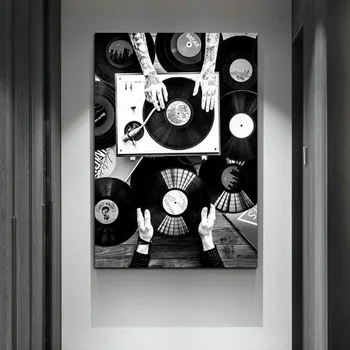 Vinilnih Wall Art Platno Slikarstvo Črno in Belo Vintage Glasbe Plakatov in Fotografij Stenske Slike za Dnevni Sobi Doma Dekor