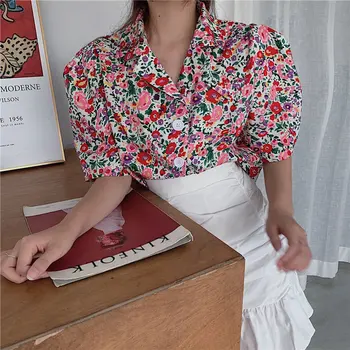 Tujec Kitty korejski Svoboden Cvetlični OL Elegantna Moda 2020 Vroče Vrhovi Ženske Priložnostne Puff Rokav Vse Tekme River Natisnjeni Kratke Bluze