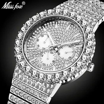 MISSFOX moško ročno uro Quartz Vrh Prodaja Luksuzne blagovne Znamke Diamond Quarz Srebrne Barve Ure Moda Nepremočljiva Kronograf Ura