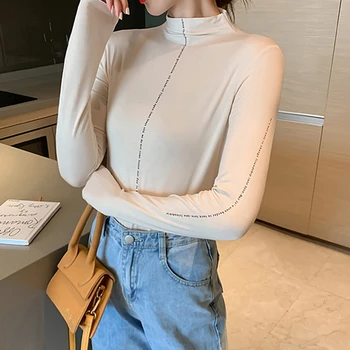 TWOTWINSTYLE Minimalističen ženska Majica s kratkimi rokavi Turtleneck Slim Manj Je Več korejski Majice Za Ženske do leta 2020 Jeseni Velika Velikost Moda Nova