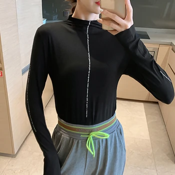 TWOTWINSTYLE Minimalističen ženska Majica s kratkimi rokavi Turtleneck Slim Manj Je Več korejski Majice Za Ženske do leta 2020 Jeseni Velika Velikost Moda Nova