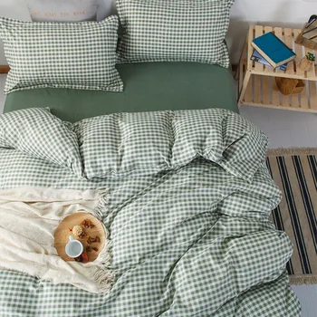 Vroče prodaje postelji, doma tekstil štiri-delni čisto barvo enostavno oprati bombaž kariran odeja kritje posteljo stanja prevleke tri-delna posteljnina