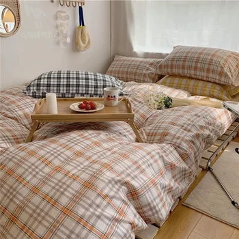 Vroče prodaje postelji, doma tekstil štiri-delni čisto barvo enostavno oprati bombaž kariran odeja kritje posteljo stanja prevleke tri-delna posteljnina