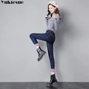Pozimi Debele Jeans za Ženske do leta 2020 Pozimi Visoko Pasu Stretchy Suha Ženska Žamet Jeans Hlače Ženske Toplo Denim Svinčnik Hlače