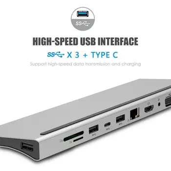 11 v 1 USB 3.0 Hub Tip-C Razširitveno Postajo priklopite Prenosni RAČUNALNIK Doking Postaja VGA HDMI SD/TF RJ45 Ethernet PD Adapter Macbook Dodatki