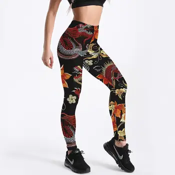 Qickitout Fitnes Ženske Dokolenke Vaja Push Up Legging Mode Digital Print Fire Dragon Cvet Vezenje Jeggings Hlače