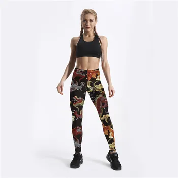 Qickitout Fitnes Ženske Dokolenke Vaja Push Up Legging Mode Digital Print Fire Dragon Cvet Vezenje Jeggings Hlače