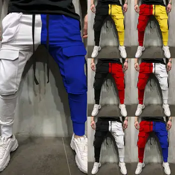 Moški Sweatpants Mozaik Kontrast Barvne Hlače Hip Hop Track Hlače Ulične Slim Joggers Moški Priložnostne Multi-Žep Pantalones