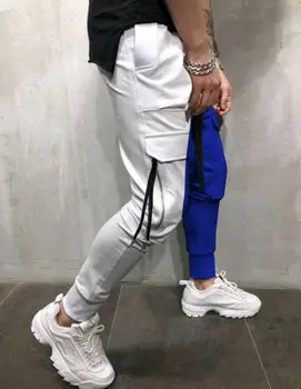 Moški Sweatpants Mozaik Kontrast Barvne Hlače Hip Hop Track Hlače Ulične Slim Joggers Moški Priložnostne Multi-Žep Pantalones