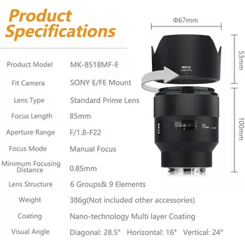 Meike 85mm F1.8 Celotno sliko Ročno Ostrenje Portret Objektiv za Sony E-Mount A6000 A6300 A6500 A7 A7II A7III NEX-3 NEX-5 NEX-7 Fotoaparati
