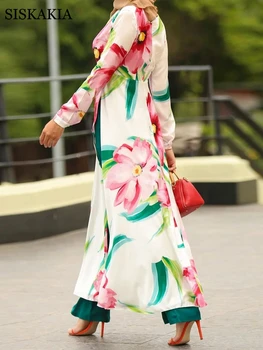 Moda Muslimanskih 2 Kos Set za Ženske Jeseni Leta 2020 Novo Cvetlični V Vratu Dolg Rokav Split Maxi Obleko in Dolge Hlače Malajski Indonezija
