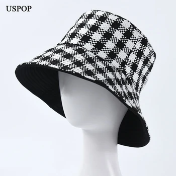 USPOP Nove zimske kape ženske moški kariran vedro klobuki unisex dvostranski črno belo vedro klobuki