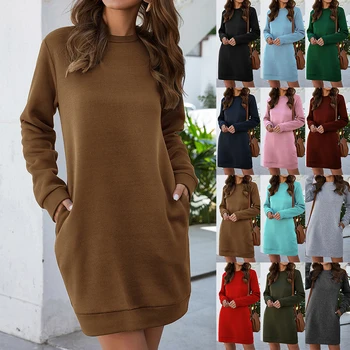 Ženske Jeseni, Pozimi Obleko okoli Vratu Long Sleeve Solid Color Svoboden Plus Žamet Žep Obleko Dame Moda Stranka 2020 Nova