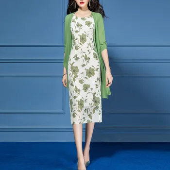 Elegantno Cvjetnim Tiskanja Šifon Obleko Obleke Ženska 2021 Novo Pomlad Poletje Dolgo Jakno Urad Gospe Priložnostne Ženske 2 Dva Kosa Določa