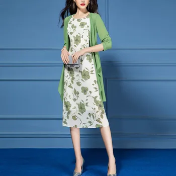 Elegantno Cvjetnim Tiskanja Šifon Obleko Obleke Ženska 2021 Novo Pomlad Poletje Dolgo Jakno Urad Gospe Priložnostne Ženske 2 Dva Kosa Določa
