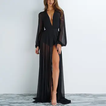 Melphieer 2020 Šifon Black Plaža obleko Long Beach prikriti Ženske Kopalke Bikini Tunika Dolgo Pareos Haljo Plage Plažo Obleko