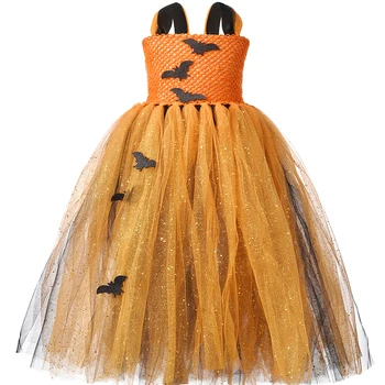 Orange & Black Dekleta Bat Čarovnica Tutu Obleko Pumpkin Halloween Kostum Otroci Oblačila Iskrico Til Dekleta Fancy Stranka Obleko Karneval
