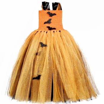 Orange & Black Dekleta Bat Čarovnica Tutu Obleko Pumpkin Halloween Kostum Otroci Oblačila Iskrico Til Dekleta Fancy Stranka Obleko Karneval