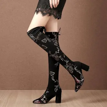 Dame, Dolge čevlji Kolen visoko Konicami prstov Petah, Višina 7 cm Vezenje Plišastih Cvetlični Vzorec Design Jeseni Ženski Čevlji za Rolkanje
