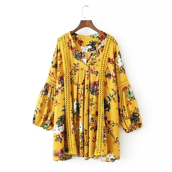 TEELYNN Rumena mini boho dress vintage Cvjetnim tiskanja Jeseni obleke Proti-vrat dolg Rokav svoboden blagovne znamke Gypsy ženske obleke vestidos