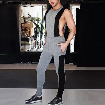 Moda za Moške Mozaik Jumpsuits Ulične brez Rokavov Vaja Joggers 2021 Priložnostne Kombinezon O Vratu Elegantna Moških, igralne obleke Hlače INCERUN