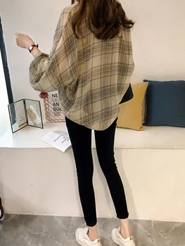 Šifon kariran rokavi ženske 2020 ženski kariran jopico pulover design smislu modni retro dolgo sleeved vrh seksi tanke rokavi ženske