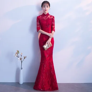 Nova Rdeča Ženska Vezenje Večer Cheongsam Poroka Stranka Obleko Maxi Qipao Dolge Obleke Retro Vestido XS-3XL