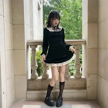 Vintage Gothic Lolita Obleko Dekleta Japonski Čipke Mozaik Čipke-up Stojalo Ovratnik Žamet Mini Obleka Ženske Punk Obleke