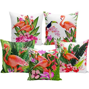 Akvarel Natisnjeni Blazine Pokrov Flamingo Ptica Tropskih Rastlin Cvet Dekorativne Prevleke Dekorativni Dnevni Prostor Kavč Doma