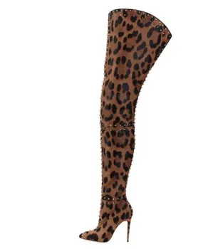 Prvotni Namen Seksi Leopard Stegno Visoki Škornji Ženska Pointe Toe Stiletto Visokih Petah Dolgo Škornji Ženski Modni Plus Velikost 4-15