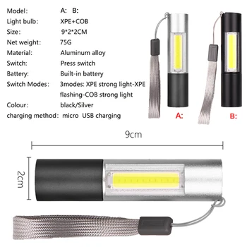 1200mAh USB Polnilna MINI LED Svetilka z COB Stranska svetloba ZOOM 3lighting načini LED Svetilko za kolesarjenje, kampiranje, Delo svetlobe,
