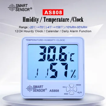 PAMETNO TIPALO AS808 Temperatura Vlažnost Meter v Zaprtih prostorih Zunanji Termometer, Higrometer Velik LCD zaslon Koledar in Ura Budilka