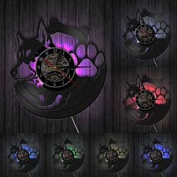 Sibirski Pes Husky Stenske Ure Iz Realnega Vinil Zapis Pes Šapa Kosti Black Obešanje Gledati Pet Shop Živali LED Nočna Lučka Lučka