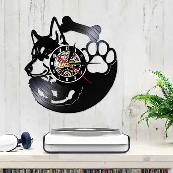 Sibirski Pes Husky Stenske Ure Iz Realnega Vinil Zapis Pes Šapa Kosti Black Obešanje Gledati Pet Shop Živali LED Nočna Lučka Lučka