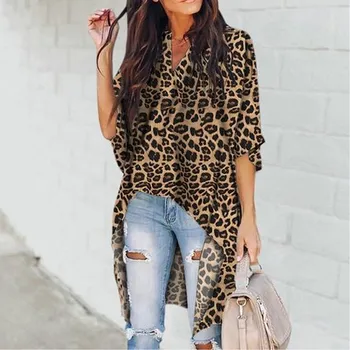 Nova Moda za Ženske Poletje Pol Flare Rokav Proti-vrat Dolgo Tee Gospa Loose Priložnostne Leopard Vzorec Vrhovi T-Shirt