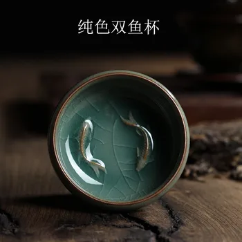 [GRANDNESS] Kitajski Longquan Celadon Porcelana Kitajska Teacup Krožnik in Skledo Čaj z Zlate Ribe 60ml Celadon Crackle Teacup