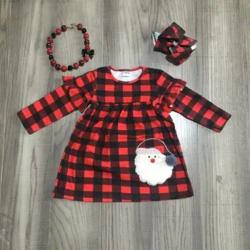 Girlymax Pozimi Dekleta Božič Santa Kariran Baby Obleko z Dolgimi Rokavi Rdeče Črno Obleko z Lokom in Ogrlica