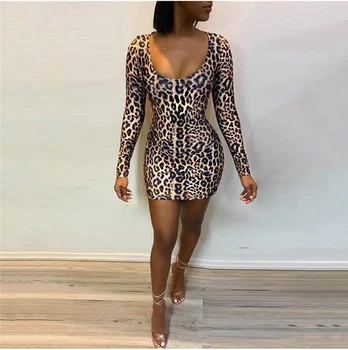 Ženske Seksi Votlih Iz Leopard Natisnjeni Bodycon Mini Obleka Lady Poletje Suh Fit Dolg Rokav Visoko Pasu Stranka Klub Kratka Obleka