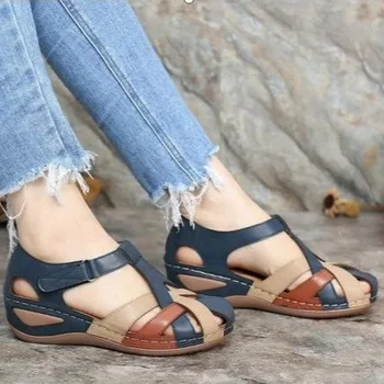 2020 Nov Poletni ženski Sandali Moda Velcro Klin Priložnostne Sandali Baotou Nizke Pete PU Roman Ženske Čevlje Zapatos De Mujer