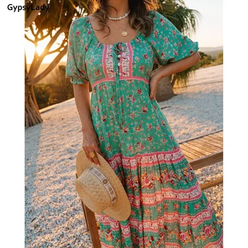 GypsyLady Zelena Cvjetnim Tiskanja Maxi Dress Vintage Ženske Dolge Obleke, Hipi Šik Etnične Sashes Ruffles Dekleta Počitnice Elegantna Obleka