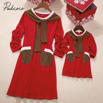 2019 Čisto Nov Božič Mati Hči Družine Črtasto Obleko Xmas Obleko Longsleeve Mozaik Rdeče Naravnost Obleko Santa Oblačila