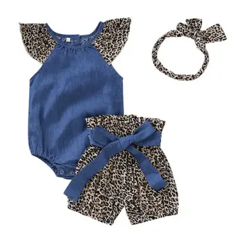 Športna Oblačila Novorojenčka Otroci Baby Dekle Leopard Romper Hlače Glavo 3PCS Obleke Otroška Oblačila