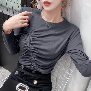 Majica korejskem Slogu Gub T-majice 2020 Tshirts Bombaž Dolg Rokav O-Vrat Vrhovi Tee Shirt Femme Pomlad, Jesen