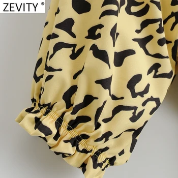 Zevity 2021 Ženske Letnik Kvadratnih Ovratnik Leopard Tiskanja Elastična Delavska Bluzo Ženski Puff Rokav Slim Majica Elegantna Blusas Vrhovi LS7646