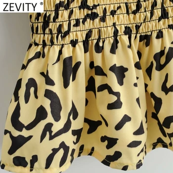 Zevity 2021 Ženske Letnik Kvadratnih Ovratnik Leopard Tiskanja Elastična Delavska Bluzo Ženski Puff Rokav Slim Majica Elegantna Blusas Vrhovi LS7646