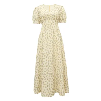 Blagovne znamke moda za ženske high-end luksuzni poletje elegantno vitek rumena mehurček rokav Proti-vrat cvetlični midi obleko