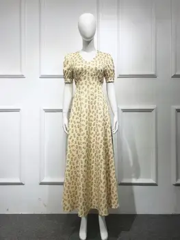 Blagovne znamke moda za ženske high-end luksuzni poletje elegantno vitek rumena mehurček rokav Proti-vrat cvetlični midi obleko